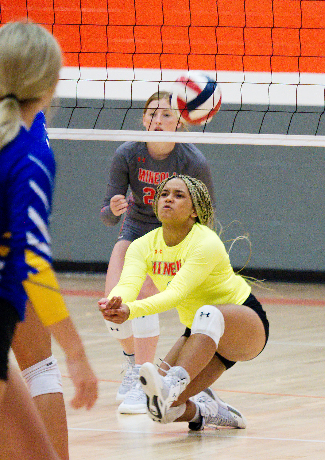 Paris Spigner digs out a shot from Brownsboro in the season-opening game for the Mineola Lady Jacket volleyball team last Tuesday. Mineola lost 17-25, 25-22, 17-25, 21-25.